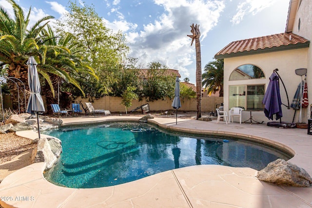 view of swimming pool with a fenced backyard, a patio area, and a fenced in pool