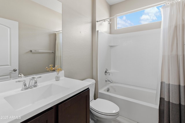 full bath with toilet, shower / bath combination with curtain, and vanity