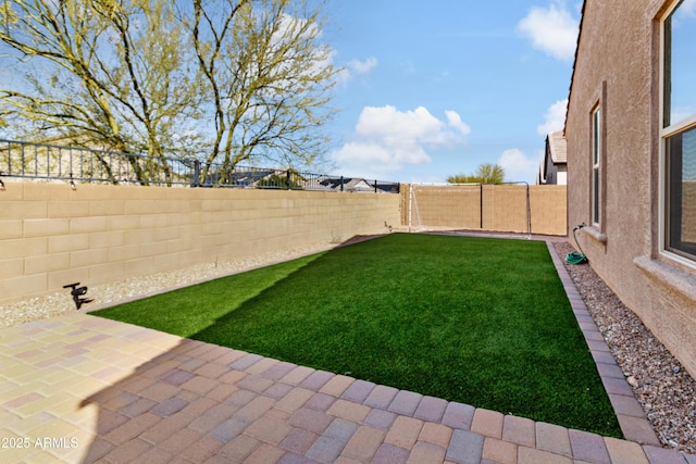 view of yard featuring a patio area and a fenced backyard