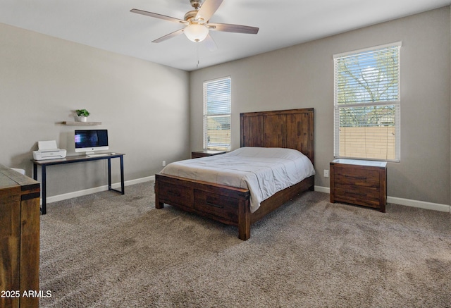 bedroom with carpet floors, baseboards, and a ceiling fan