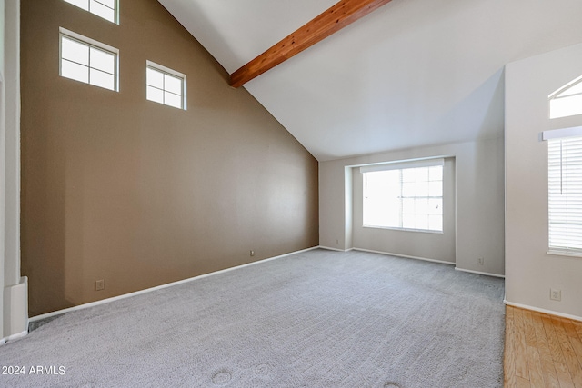 additional living space with light wood-type flooring, a healthy amount of sunlight, and high vaulted ceiling