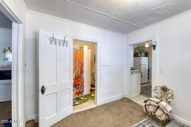 514 Brophy Ave, Bisbee, AZ 85603 - corridor with carpet, ornamental molding, a textured ceiling, and baseboards