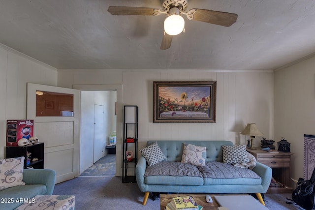 514 Brophy Ave, Bisbee, AZ 85603 - living room with carpet, ornamental molding, and ceiling fan