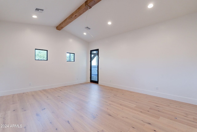 unfurnished room featuring beamed ceiling, high vaulted ceiling, and light hardwood / wood-style flooring