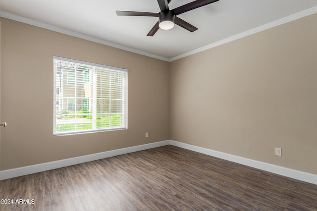 spare room featuring ceiling fan, hardwood / wood-style flooring, and ornamental molding