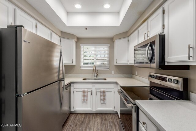 kitchen with stainless steel appliances, dark hardwood / wood-style floors, white cabinetry, and sink