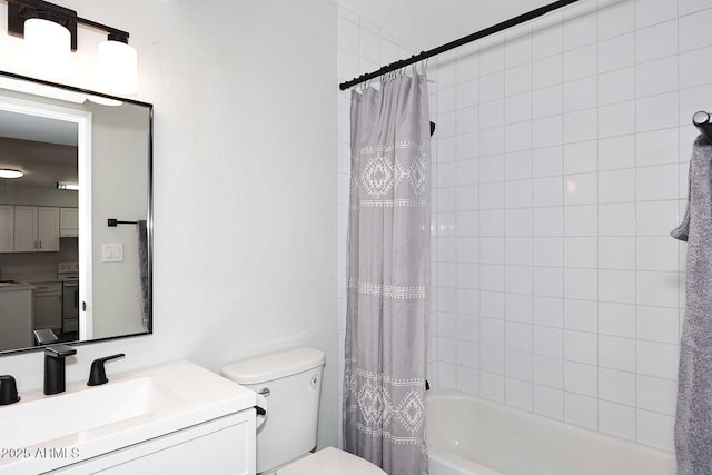 bathroom featuring vanity, shower / bathtub combination with curtain, and toilet