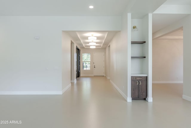 3145 E Boot Track Trl, Gilbert, AZ 85296 - hallway with recessed lighting, baseboards, concrete flooring, and built in shelves