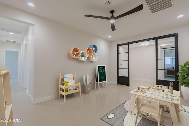 game room with visible vents, a ceiling fan, and recessed lighting