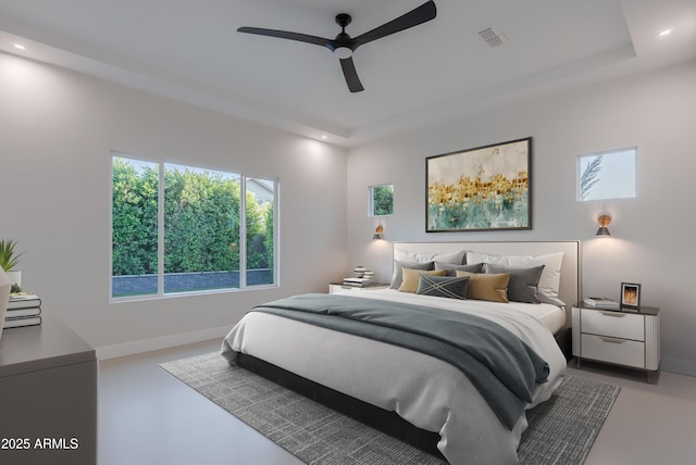 bedroom featuring finished concrete flooring, recessed lighting, baseboards, a ceiling fan, and visible vents