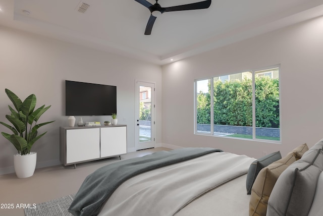 bedroom featuring light carpet, a ceiling fan, baseboards, recessed lighting, and visible vents
