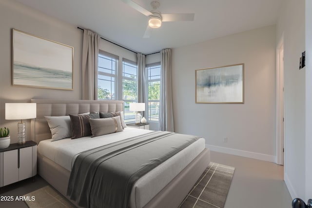 bedroom with baseboards and ceiling fan