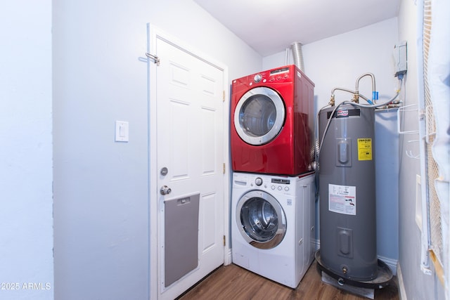 1006 S Una Ave, Tempe, AZ 85281 - washroom with stacked washer and clothes dryer, electric water heater, and wood finished floors