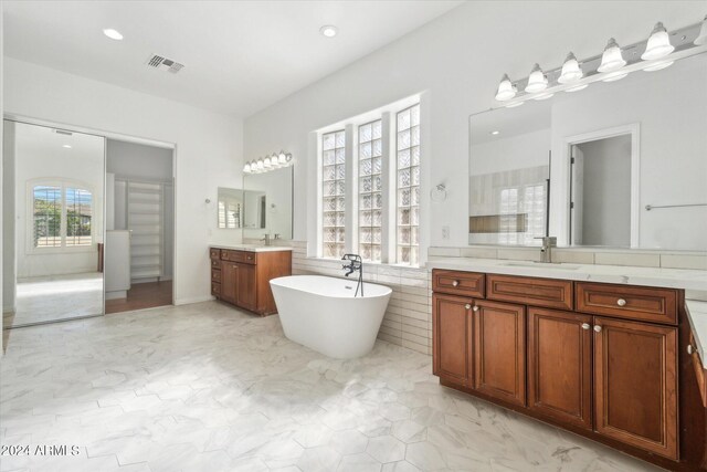 bathroom featuring vanity and a washtub