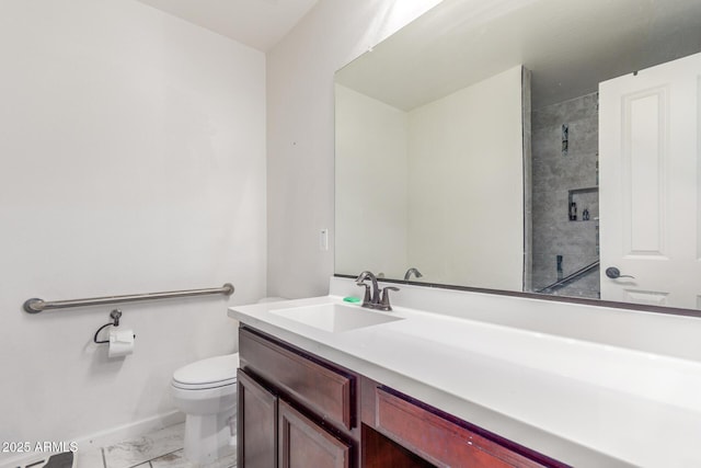 12128 W Range Mule Dr, Peoria, AZ 85383 - bathroom featuring marble look tile flooring, baseboards, toilet, vanity, and a shower