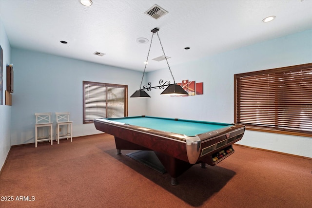 rec room featuring pool table, carpet flooring, recessed lighting, and visible vents