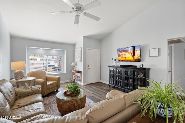 living room with baseboards, lofted ceiling, visible vents, and wood finished floors