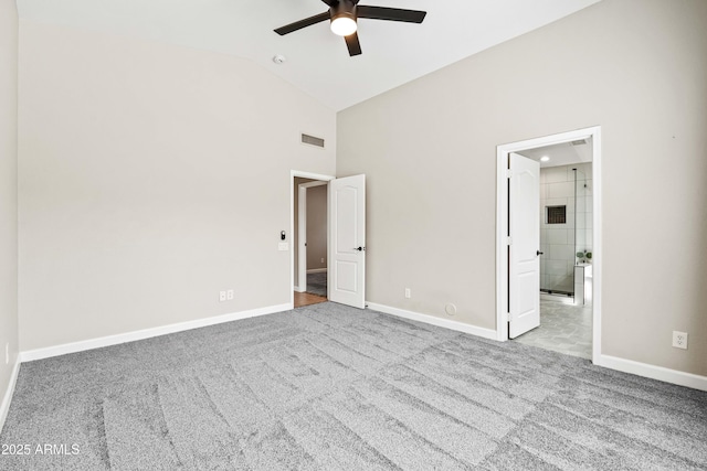16424 S 46th Way, Phoenix, AZ 85048 - unfurnished bedroom with high vaulted ceiling, carpet flooring, baseboards, and a ceiling fan