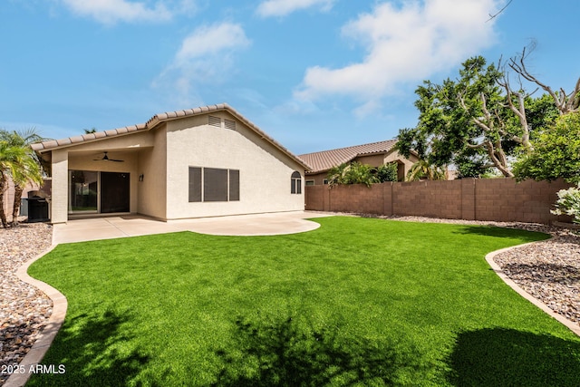 16424 S 46th Way, Phoenix, AZ 85048 - rear view of house with a ceiling fan, a tile roof, stucco siding, and a patio area