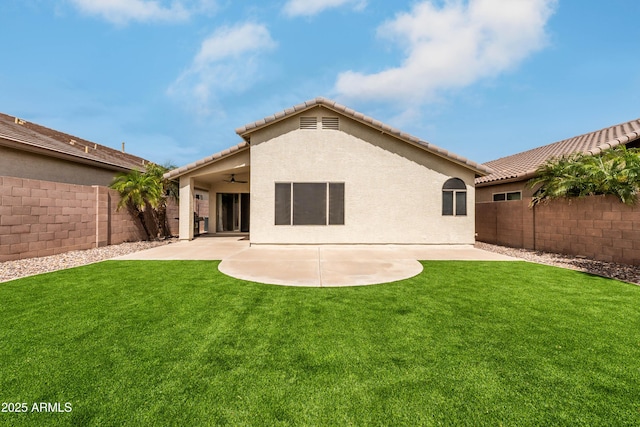 16424 S 46th Way, Phoenix, AZ 85048 - back of house featuring ceiling fan, a patio, stucco siding, and a tile roof