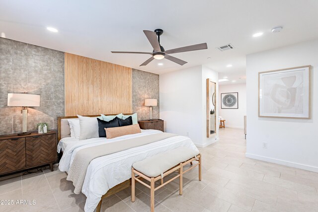 2942 N 81st Pl, Scottsdale, AZ 85251 - tiled bedroom featuring ceiling fan and tile walls