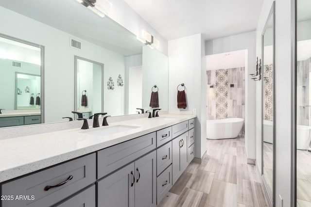 7252 E Edgewood Ave, Mesa, AZ 85208 - bathroom with double vanity, a sink, a freestanding tub, and visible vents