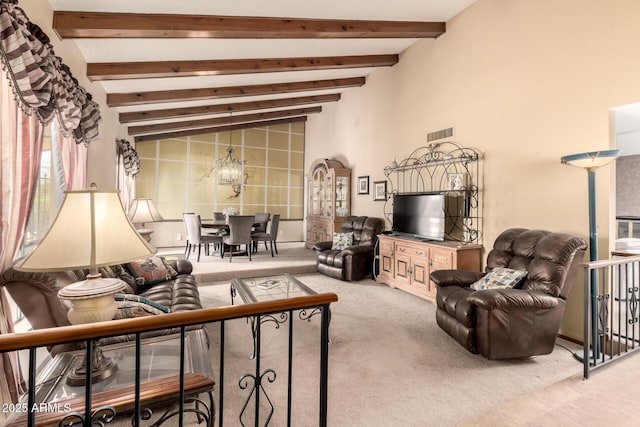 7252 E Edgewood Ave, Mesa, AZ 85208 - living area with carpet floors, visible vents, a chandelier, and beamed ceiling