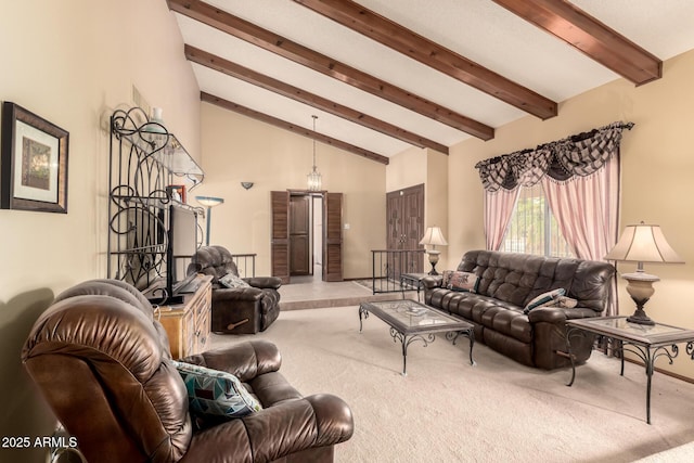 7252 E Edgewood Ave, Mesa, AZ 85208 - carpeted living room featuring high vaulted ceiling and beam ceiling