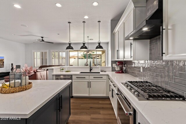 4667 E Reins Rd, Gilbert, AZ 85297 - kitchen with appliances with stainless steel finishes, wall chimney range hood, a sink, a ceiling fan, and dark wood-type flooring