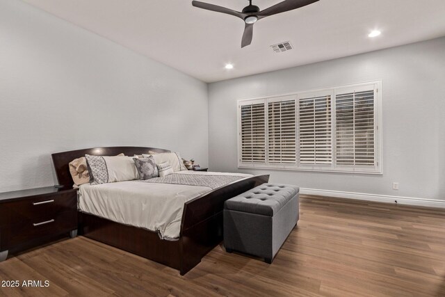 4667 E Reins Rd, Gilbert, AZ 85297 - bedroom with wood finished floors, recessed lighting, baseboards, and ceiling fan