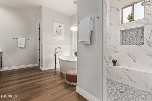 4667 E Reins Rd, Gilbert, AZ 85297 - full bath featuring a marble finish shower, a soaking tub, wood finished floors, baseboards, and vanity