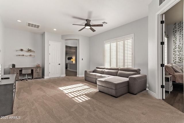 4667 E Reins Rd, Gilbert, AZ 85297 - living room with carpet flooring, a ceiling fan, an office area, baseboards, and recessed lighting