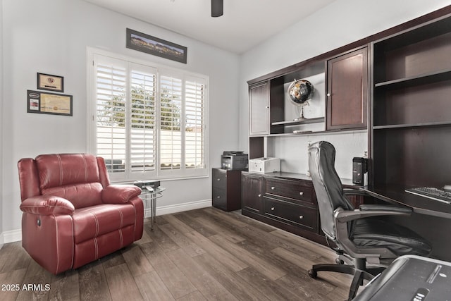 4667 E Reins Rd, Gilbert, AZ 85297 - home office featuring baseboards, a ceiling fan, and dark wood-type flooring