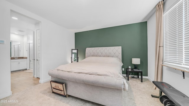 3117 E Hayfield Way, San Tan Valley, AZ 85140 - bedroom with light carpet, a sink, baseboards, recessed lighting, and ensuite bath