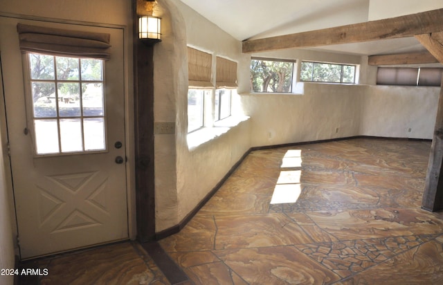 doorway featuring a wealth of natural light and vaulted ceiling