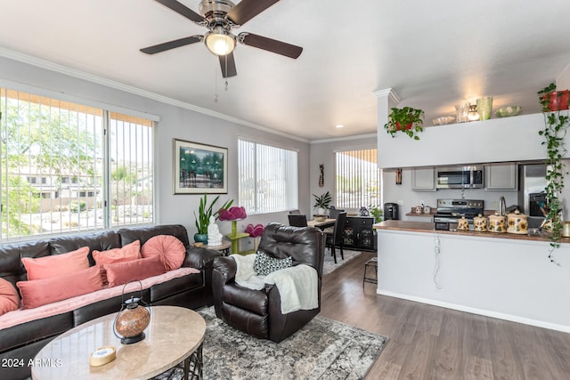 living room with ceiling fan, dark hardwood / wood-style flooring, crown molding, and a healthy amount of sunlight