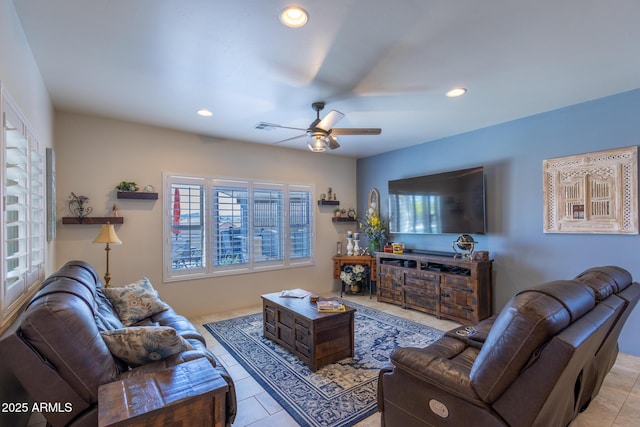965 Calle Azul, Wickenburg, AZ 85390 - tiled living area with a ceiling fan and recessed lighting
