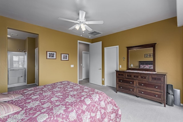 bedroom with light carpet, visible vents, and a ceiling fan