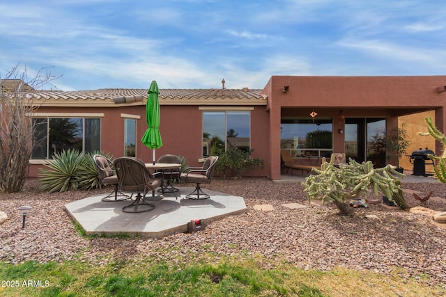 rear view of property featuring a patio area, a tiled roof, and stucco siding