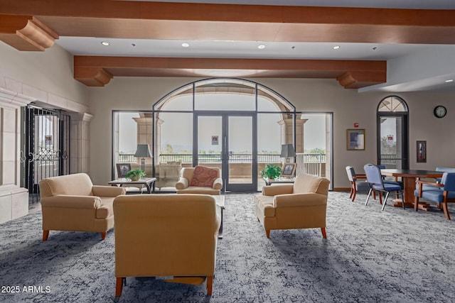 carpeted living room with french doors, recessed lighting, and a healthy amount of sunlight