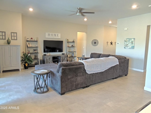 21696 E Arroyo Verde Dr, Queen Creek, AZ 85142 - living area with ceiling fan, baseboards, and recessed lighting