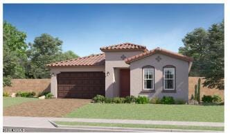 23081 E Saddle Way, Queen Creek, AZ 85142 - mediterranean / spanish home featuring an attached garage, a tile roof, driveway, and stucco siding
