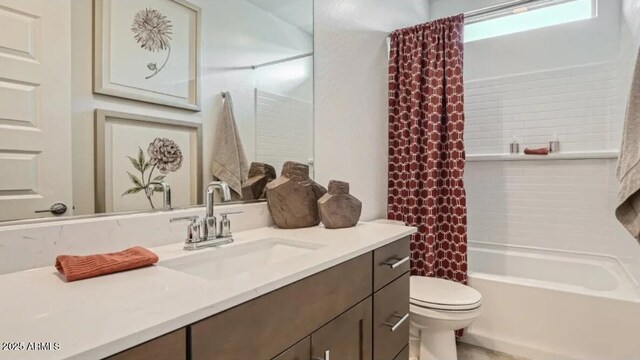 23081 E Saddle Way, Queen Creek, AZ 85142 - bathroom featuring toilet, vanity, and shower / bath combo with shower curtain