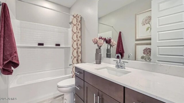 23081 E Saddle Way, Queen Creek, AZ 85142 - full bathroom featuring toilet, vanity, and shower / tub combo with curtain