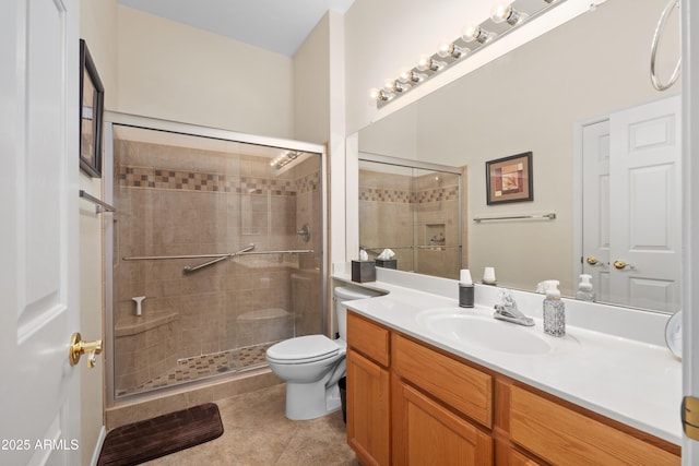 11553 W Cottontail Ct, Surprise, AZ 85378 - bathroom with a stall shower, toilet, vanity, and tile patterned floors
