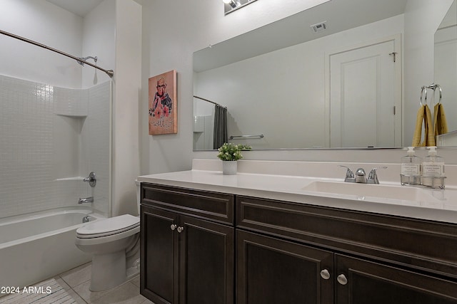 full bathroom with toilet, vanity, tile patterned floors, and shower / bathtub combination with curtain