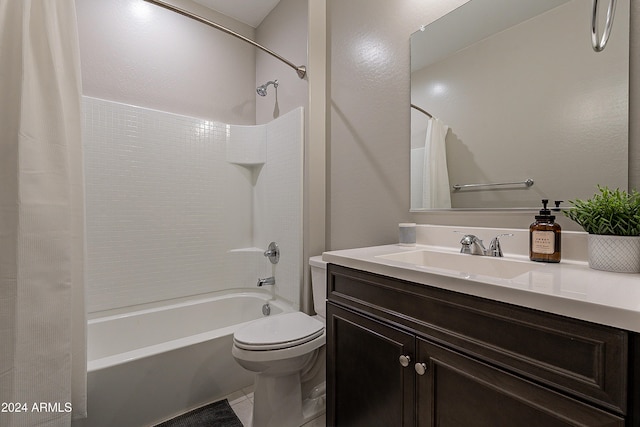 full bathroom with tile patterned floors, vanity, toilet, and shower / bath combo with shower curtain