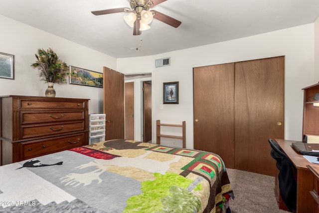 bedroom with carpet flooring, ceiling fan, and a closet