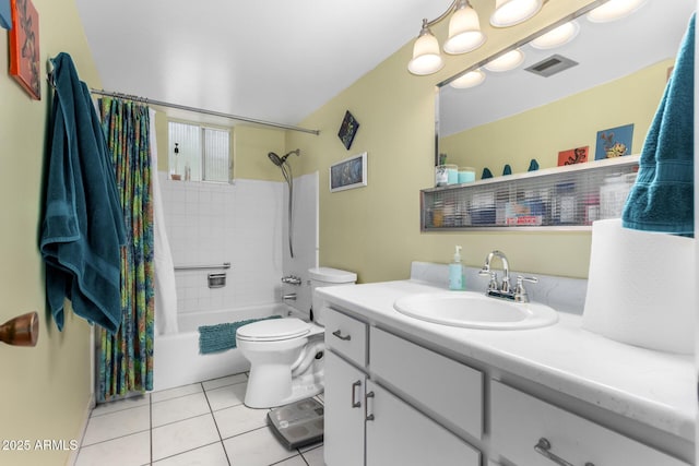 full bathroom with tile patterned flooring, shower / bath combo, toilet, and vanity