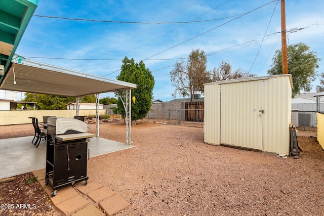 view of yard featuring a patio area and a storage shed